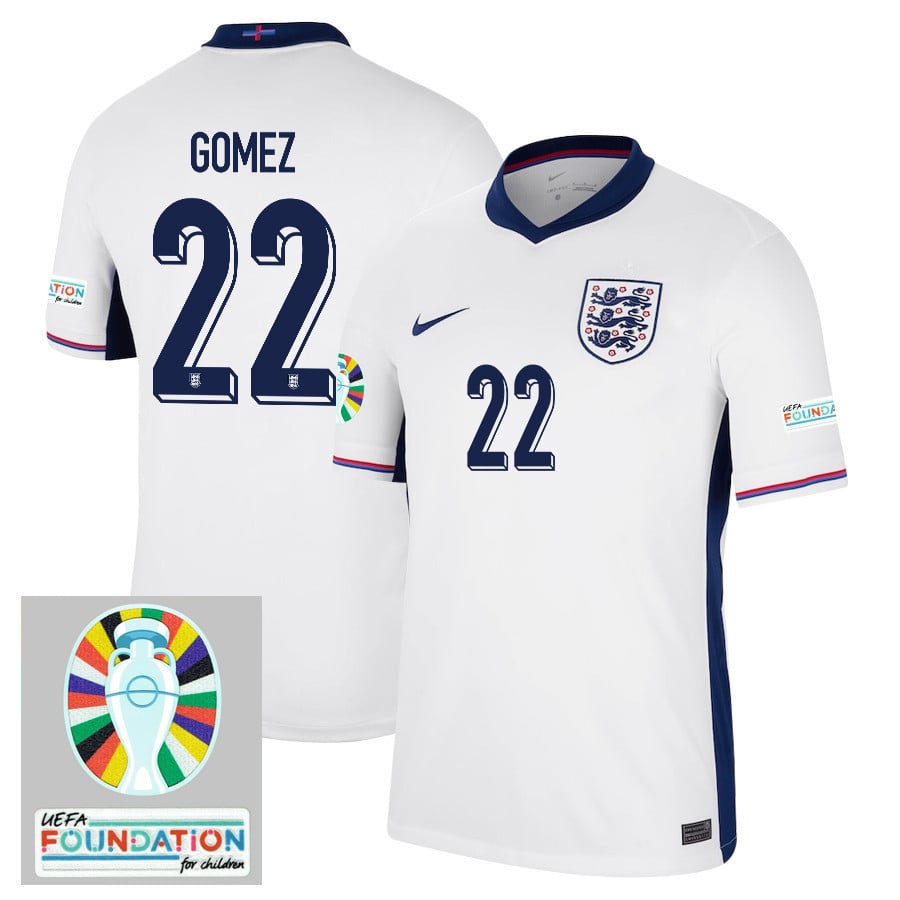 Joe Gomez 22 England National Team 2024/25 Home Jersey - Euro UEFA Patch - Men, White