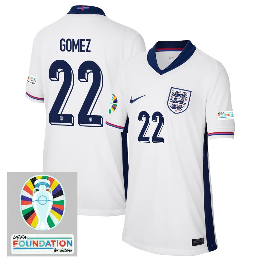 Joe Gomez 22 England National Team 2024/25 YOUTH Home Jersey - Euro UEFA Patch - White