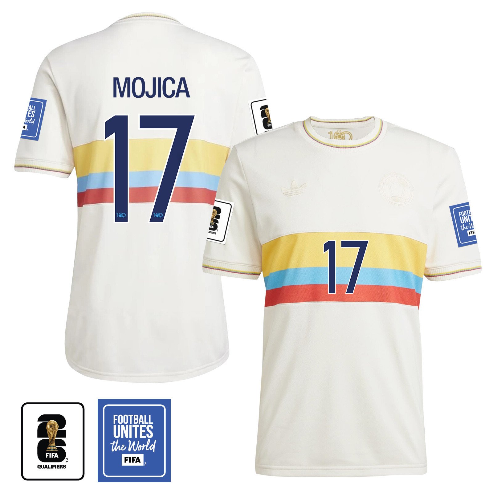 Johan Mojica 17 Colombia 2024 100th Anniversary Jersey & 2026 FIFA World Cup Qualifiers Patch - Men, Chalk White