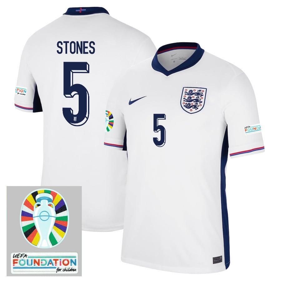John Stones 5 England National Team 2024/25 Home Jersey - Euro UEFA Patch - Men, White