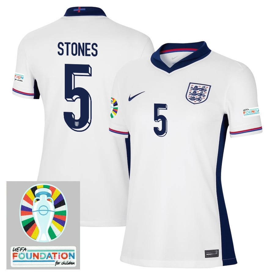 John Stones 5 England National Team 2024/25 Women's Home Jersey - Euro UEFA Patch - White