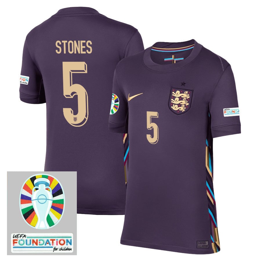 John Stones 5 England National Team 2024/25 YOUTH Away Stadium Jersey - Euro UEFA Patch