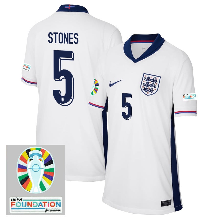 John Stones 5 England National Team 2024/25 YOUTH Home Jersey - Euro UEFA Patch - White