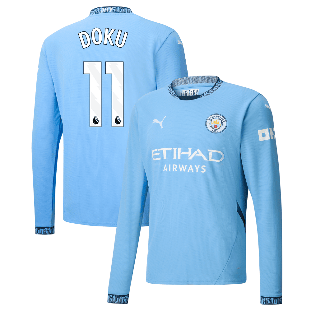 Jérémy Doku 11 Manchester City 2024/25 Home Long Sleeve Men Jersey - Light Blue