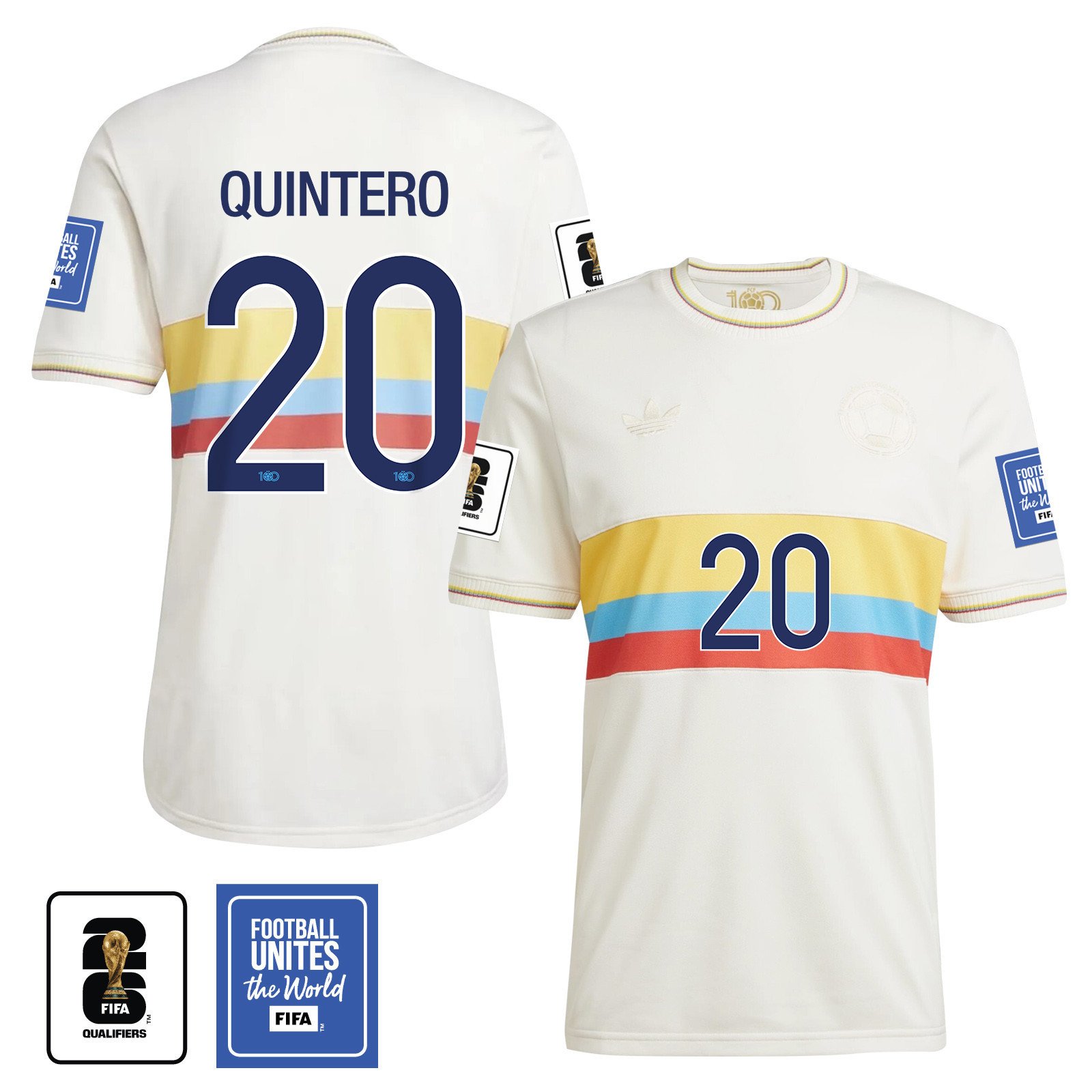 Juan Quintero 20 Colombia 2024 100th Anniversary Jersey & 2026 FIFA World Cup Qualifiers Patch - Men, Chalk White