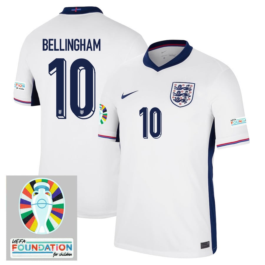Jude Bellingham 10 England National Team 2024/25 Home Jersey - Euro UEFA Patch - Men, White