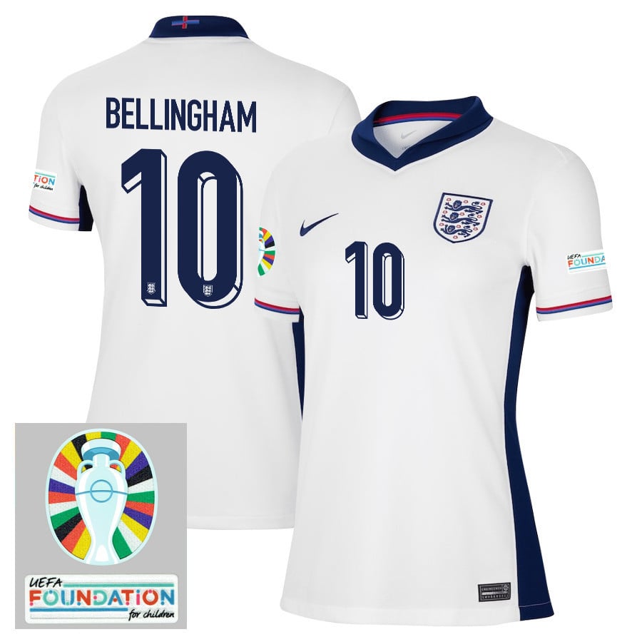 Jude Bellingham 10 England National Team 2024/25 Women's Home Jersey - Euro UEFA Patch - White