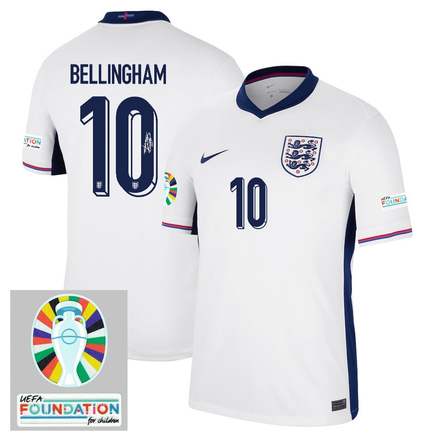 Jude Bellingham 10 Signed England National Team 2024/25 Home Jersey - Euro UEFA Patch - Men, White
