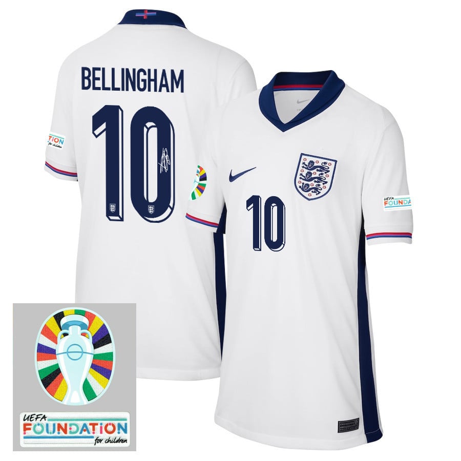 Jude Bellingham 10 Signed England National Team 2024/25 YOUTH Home Jersey - Euro UEFA Patch, White