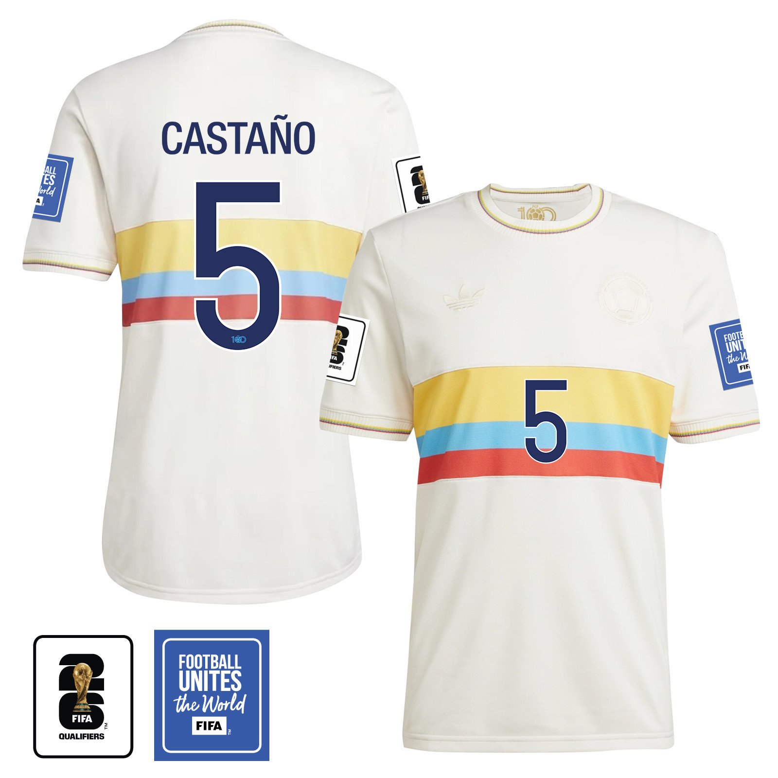 Kevin Castaño 5 Colombia 2024 100th Anniversary Jersey & 2026 FIFA World Cup Qualifiers Patch - Men, Chalk White