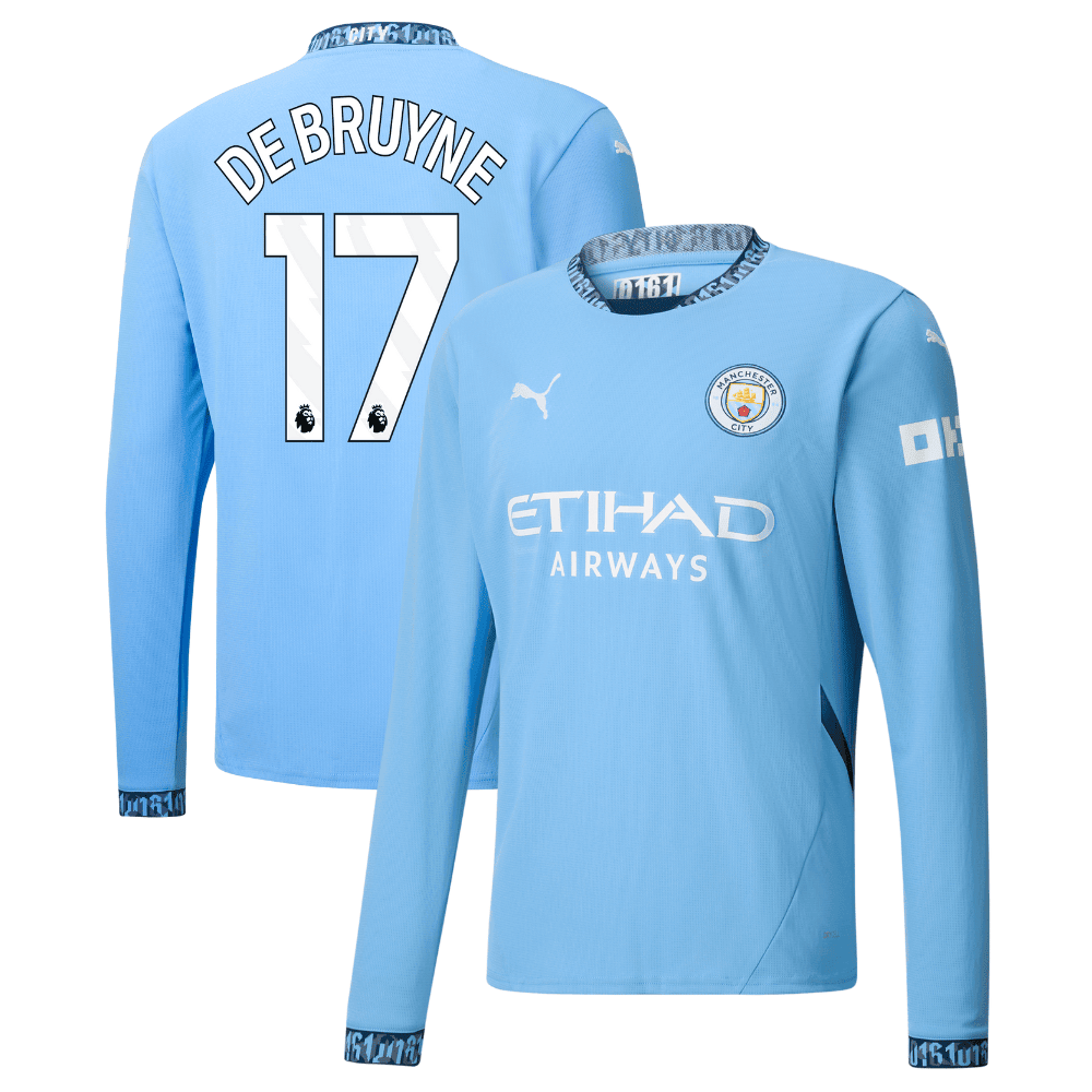 Kevin De Bruyne 17 Manchester City 2024/25 Home Long Sleeve Men Jersey - Light Blue