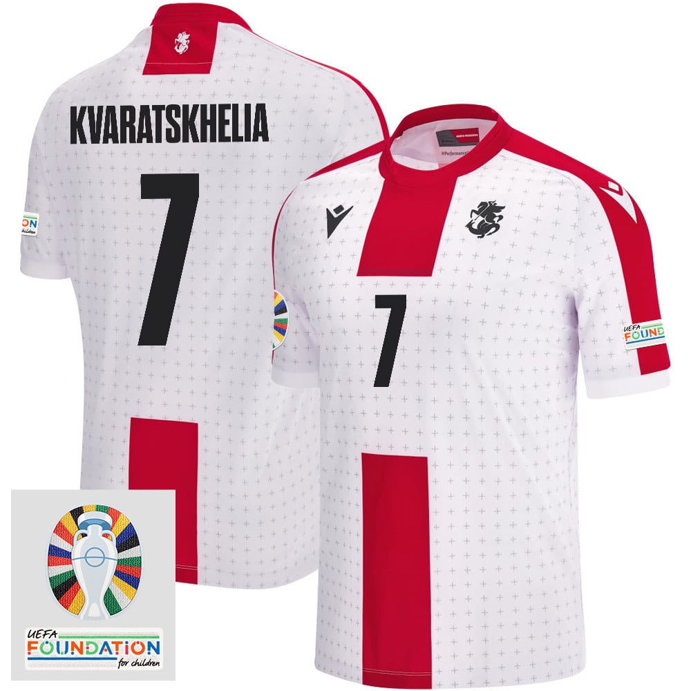 Khvicha Kvaratskhelia 7 Georgia National Team 2024 Euro & Foundation Patch Home Men Jersey - White