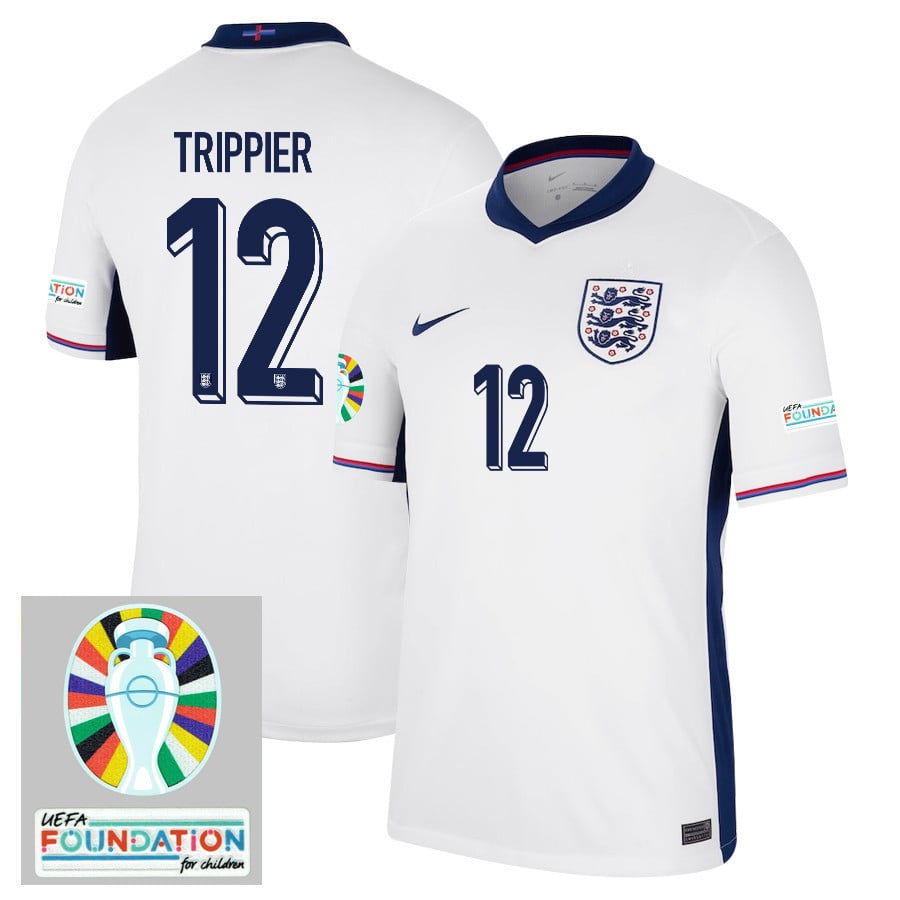 Kieran Trippier 12 England National Team 2024/25 Home Jersey - Euro UEFA Patch - Men, White