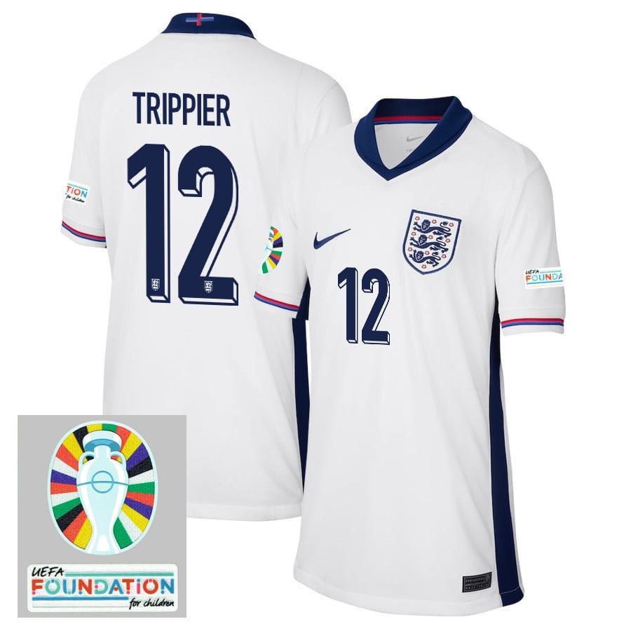 Kieran Trippier 12 England National Team 2024/25 YOUTH Home Jersey - Euro UEFA Patch - White