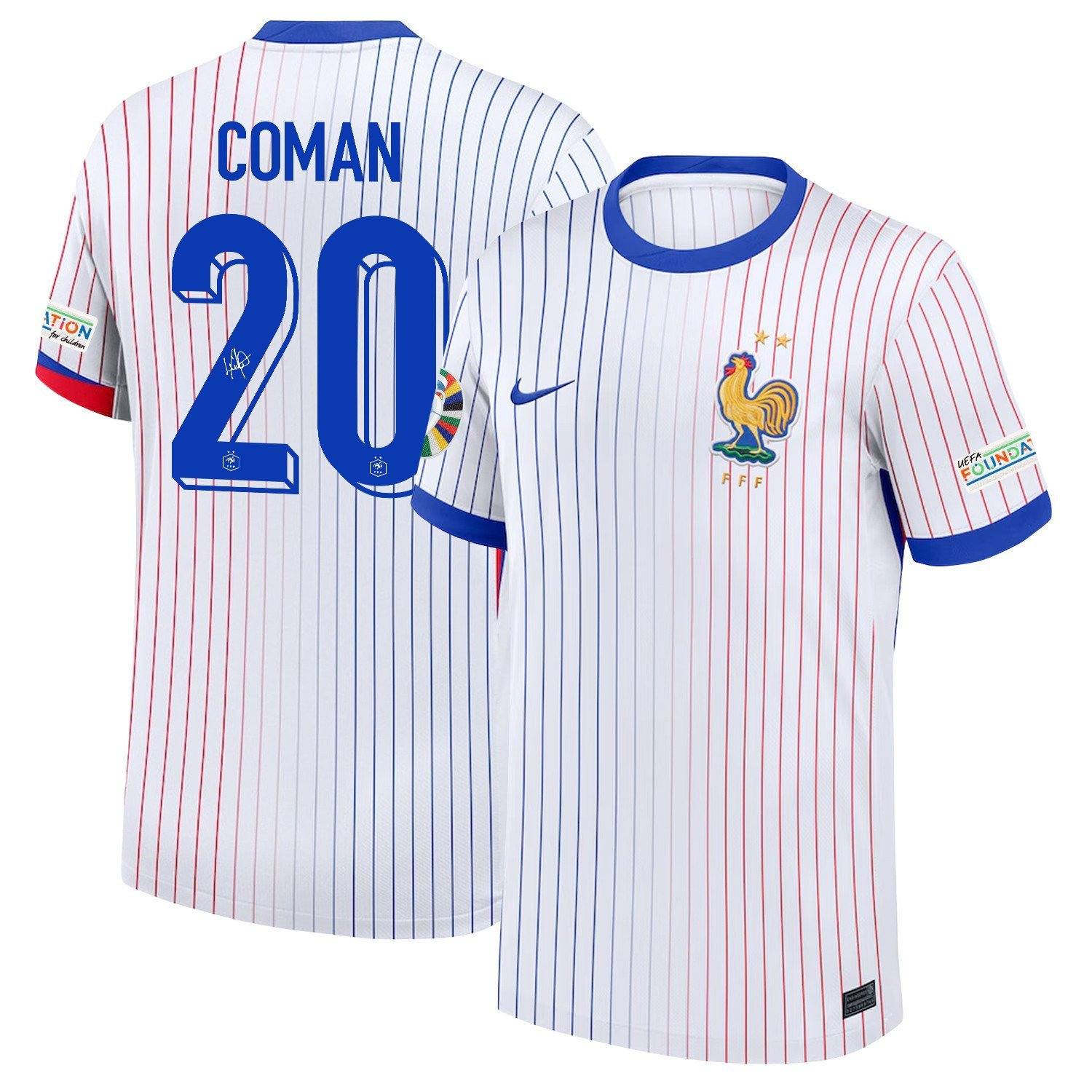 Kingsley Coman 20 Signed France National Team 2024/25 Away Jersey - Euro UEFA Patch - Men, White