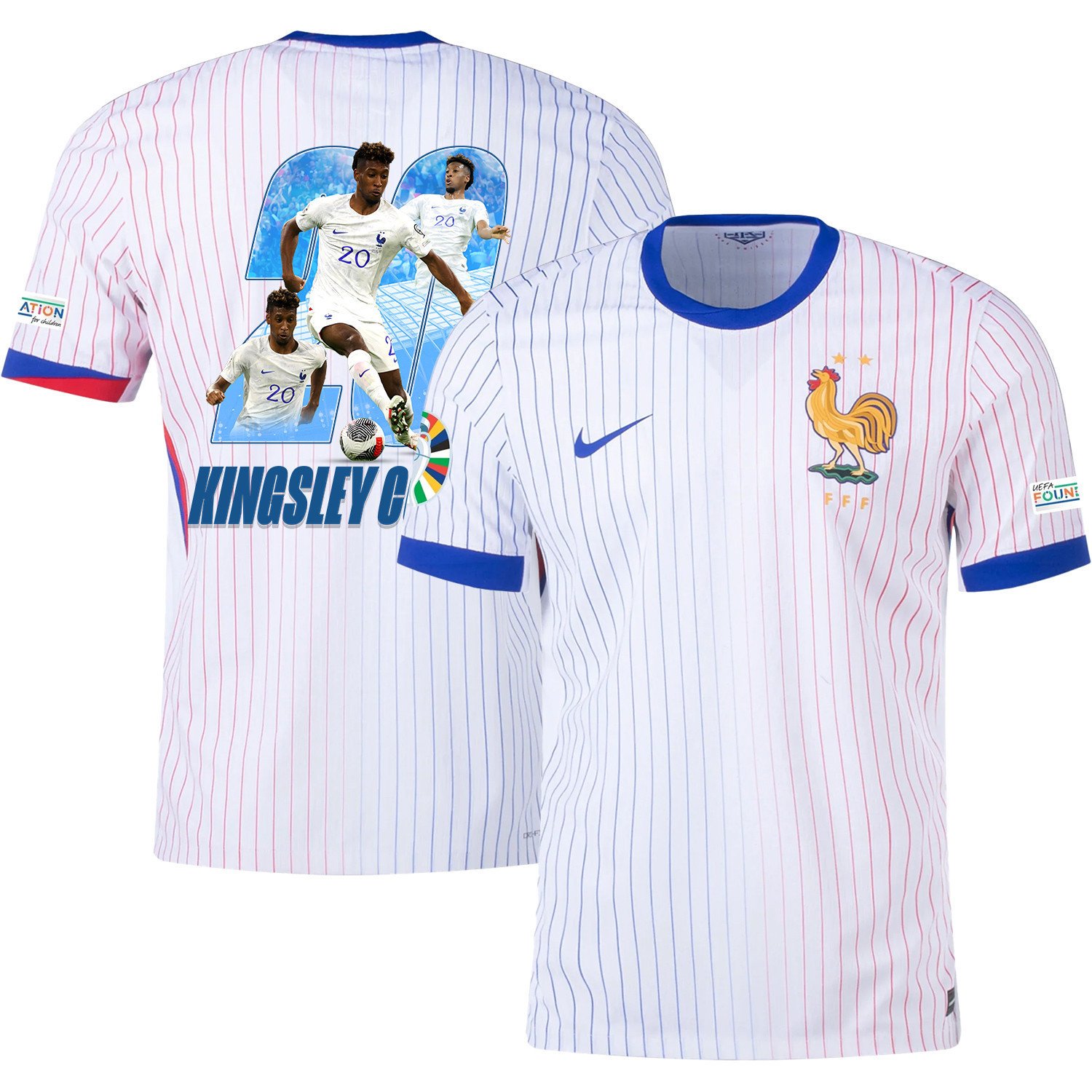 Kingsley Coman 20 Skillful Player France National Team 2024/25 Away Jersey - Euro UEFA Patch - Men, White