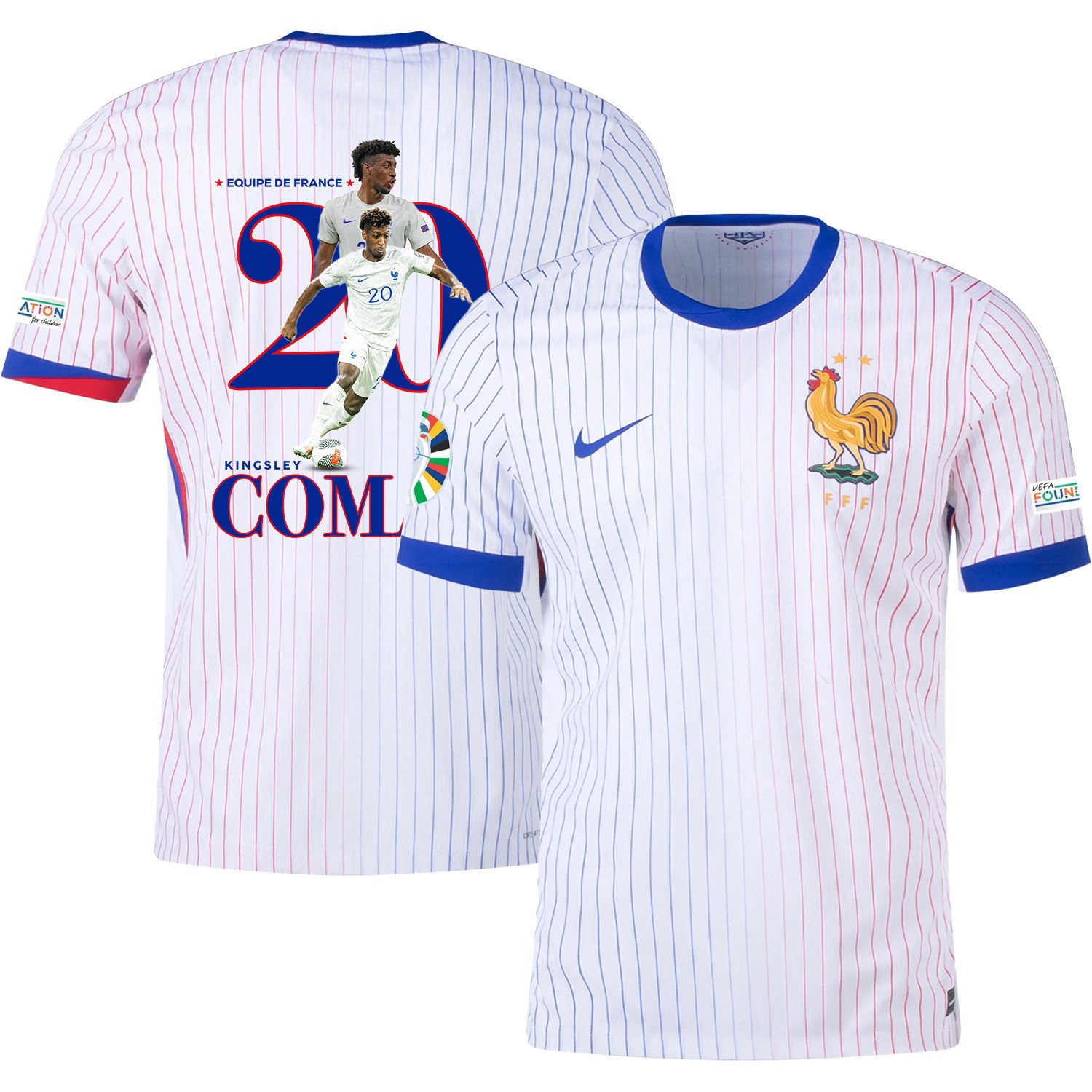 Kingsley Coman 20 The Star Player Of France National Team 2024/25 Away Jersey - Euro UEFA Patch - Men, White