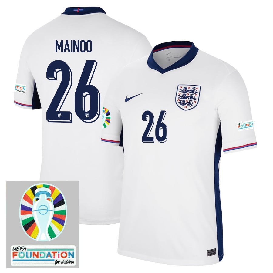 Kobbie Mainoo 26 England National Team 2024/25 Home Jersey - Euro UEFA Patch - Men, White