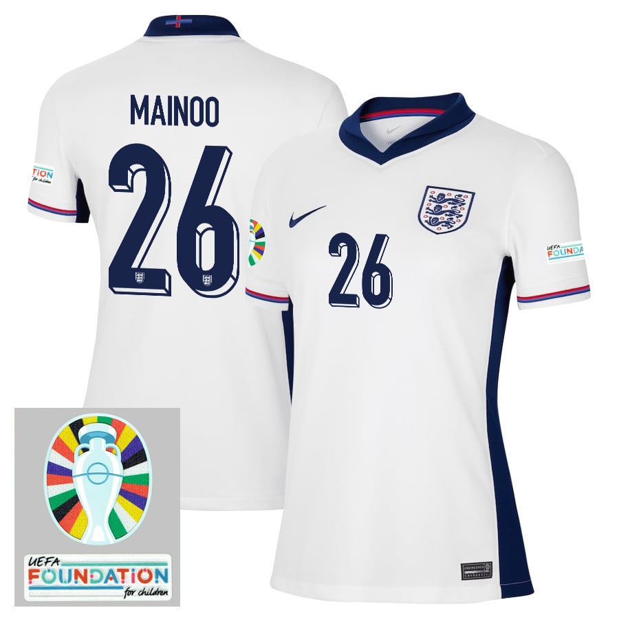 Kobbie Mainoo 26 England National Team 2024/25 Women's Home Jersey - Euro UEFA Patch - White