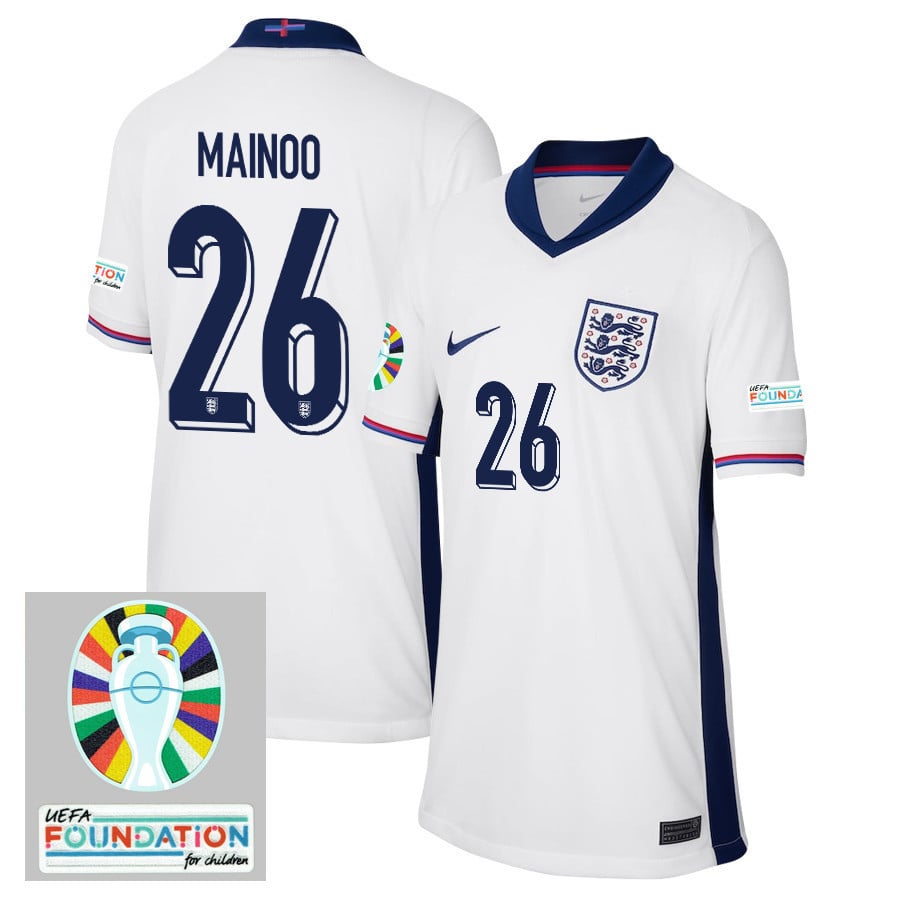 Kobbie Mainoo 26 England National Team 2024/25 YOUTH Home Jersey - Euro UEFA Patch - White