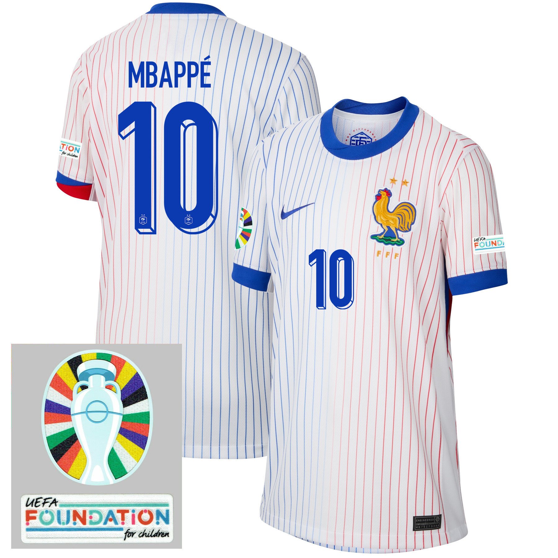 Kylian Mbappé 10 France National Team 2024/25 YOUTH Away Jersey - Euro UEFA Patch - White