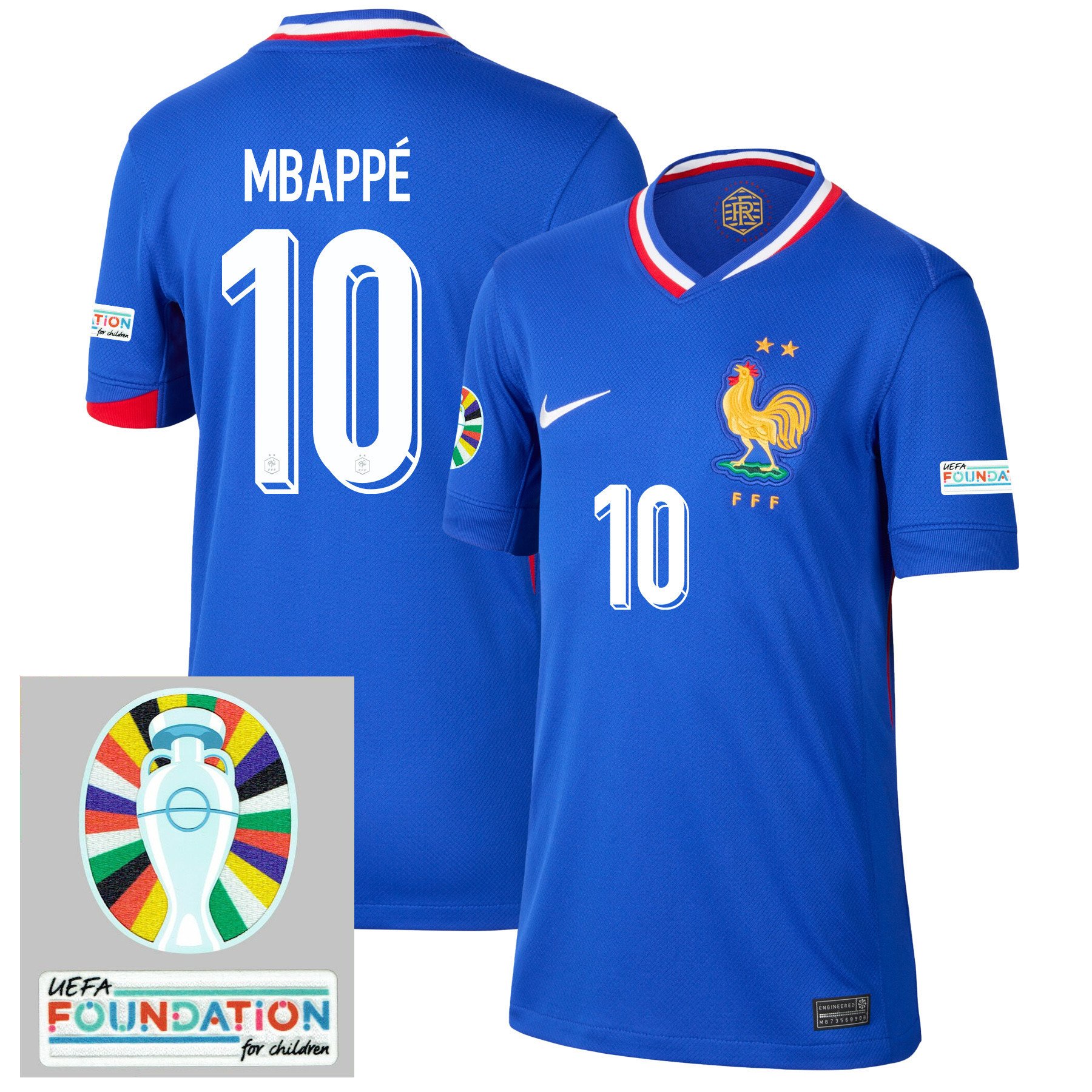 Kylian Mbappé 10 France National Team 2024/25 YOUTH Home Jersey - Euro UEFA Patch - Blue
