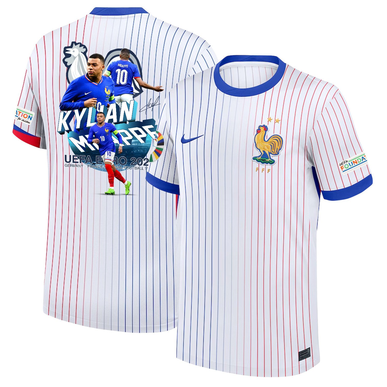 Kylian Mbappé 10 Star Player Of France National Team 2024/25 Away Jersey - Euro UEFA Patch - Men, White