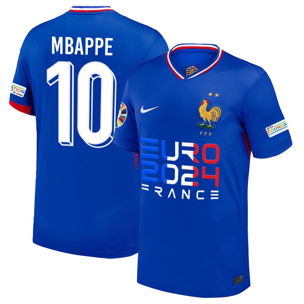 Kylian Mbappé 10 The Rising Star France National Team 2024/25 Home Jersey - Euro UEFA Patch - Men, Blue