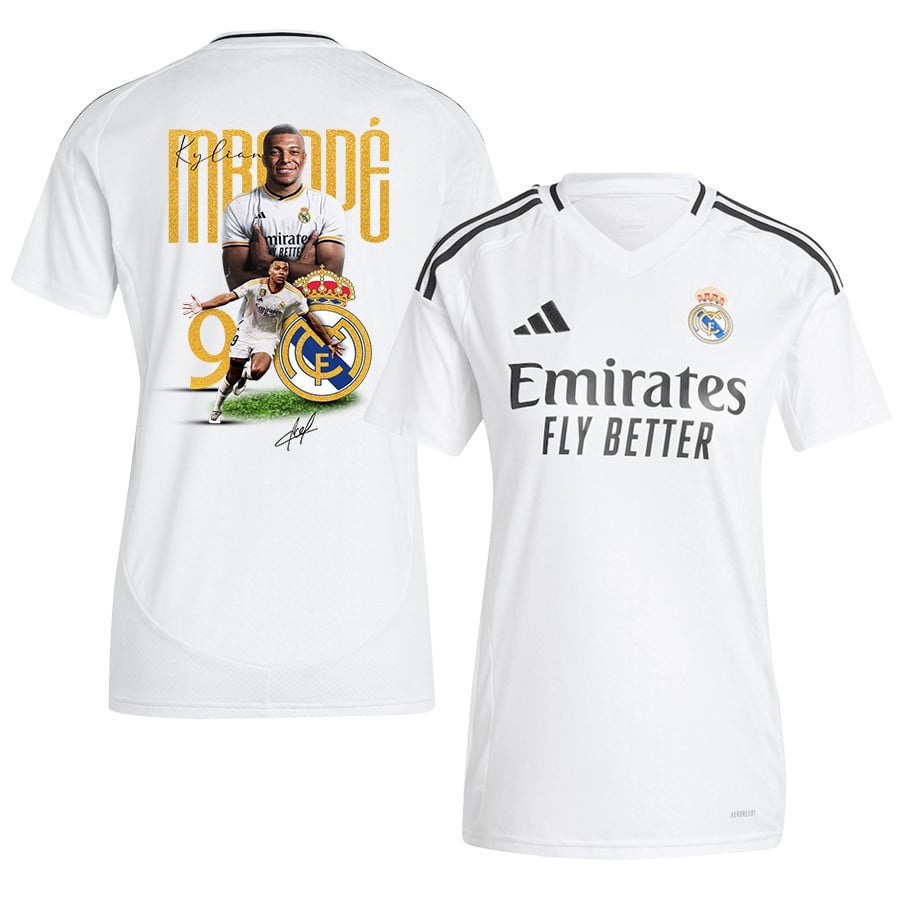 Kylian Mbappé 9 Joins Real Madrid Signature 2024-25 Home WOMEN Jersey, White