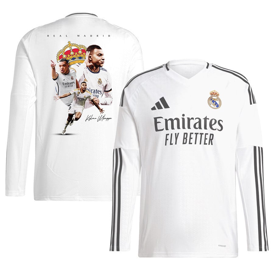 Kylian Mbappé 9 Lights Up Real Madrid 2024-25 Home Long Sleeve Men Jersey - White