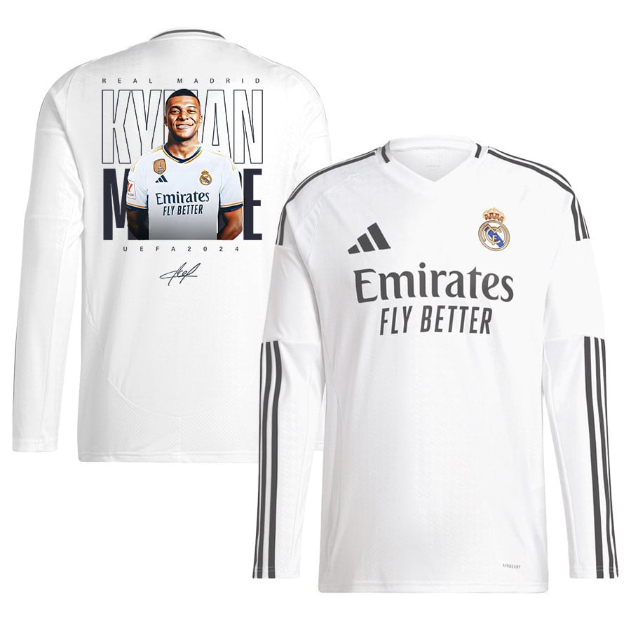 Kylian Mbappé 9 Powers Real Madrid Signature 2024-25 Home Long Sleeve Men Jersey - White