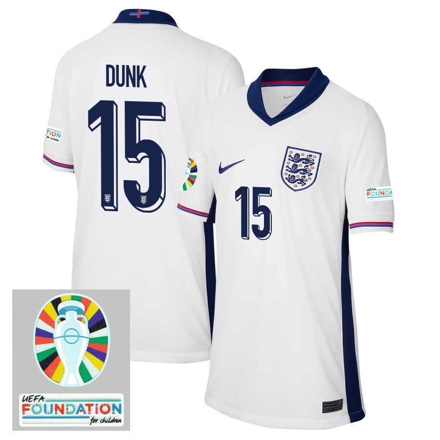 Lewis Dunk 15 England National Team 2024/25 YOUTH Home Jersey - Euro UEFA Patch - White