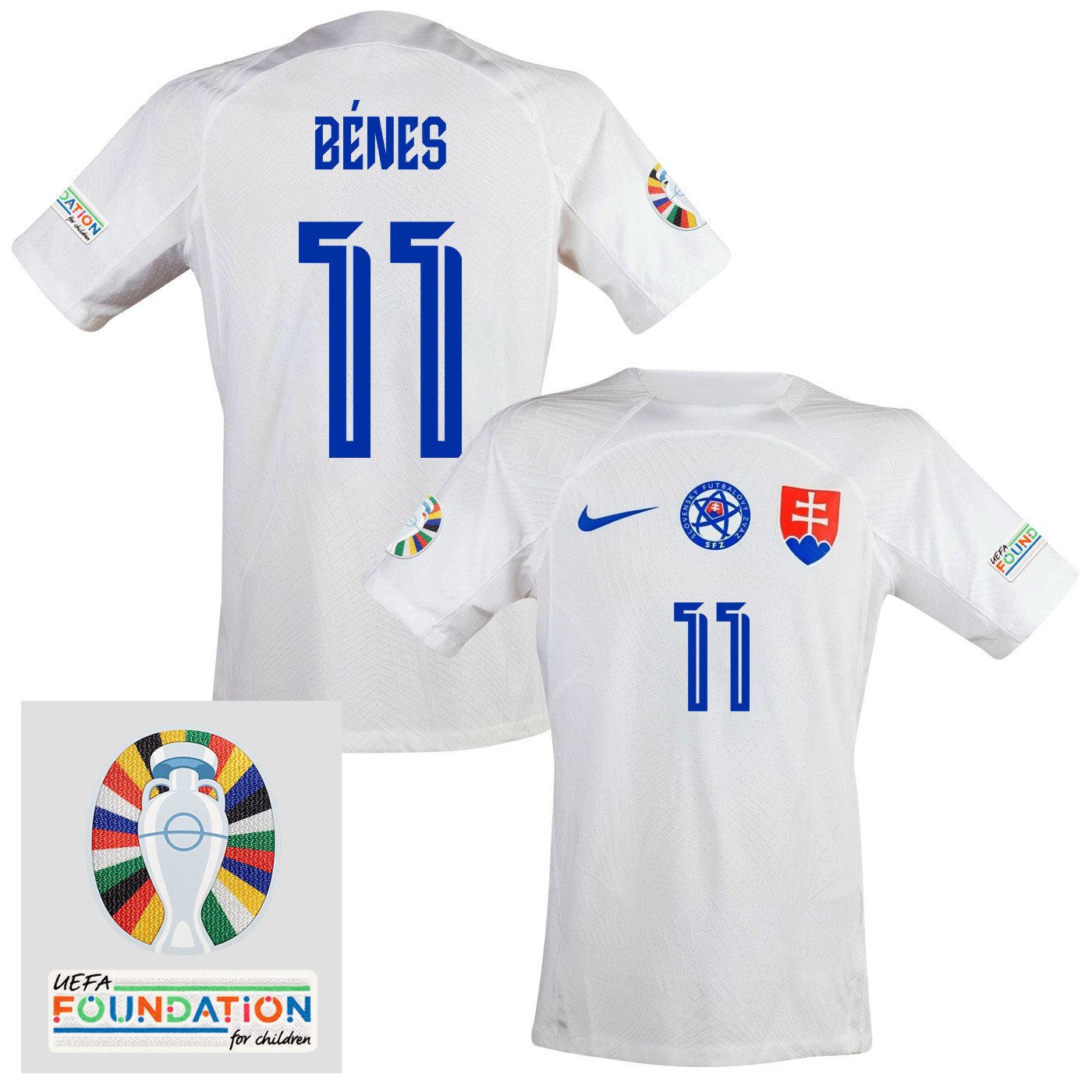László Bénes 11 Slovakia National Team 2024 Euro & Foundation Patch Away Men Jersey - White