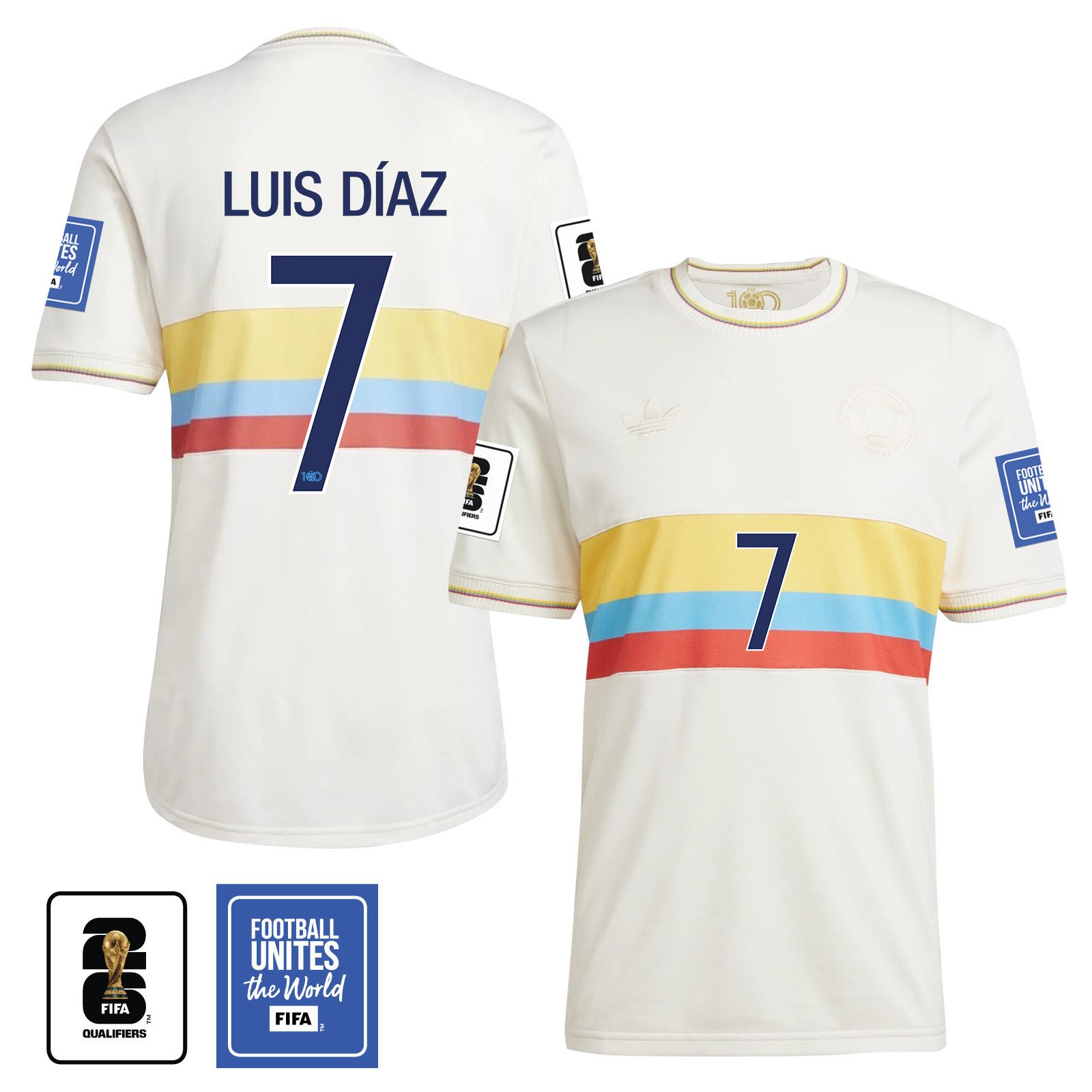 Luis Díaz 7 Colombia 2024 100th Anniversary Jersey & 2026 FIFA World Cup Qualifiers Patch - Men, Chalk White