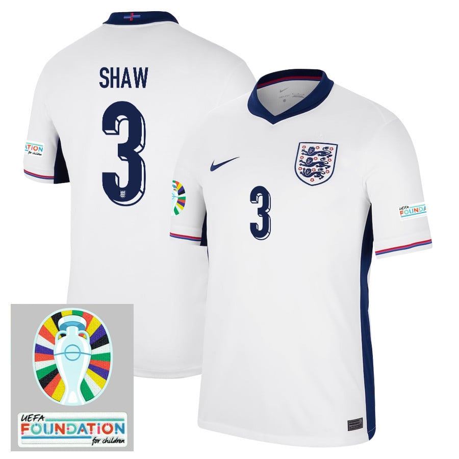 Luke Shaw 3 England National Team 2024/25 Home Jersey - Euro UEFA Patch - Men, White