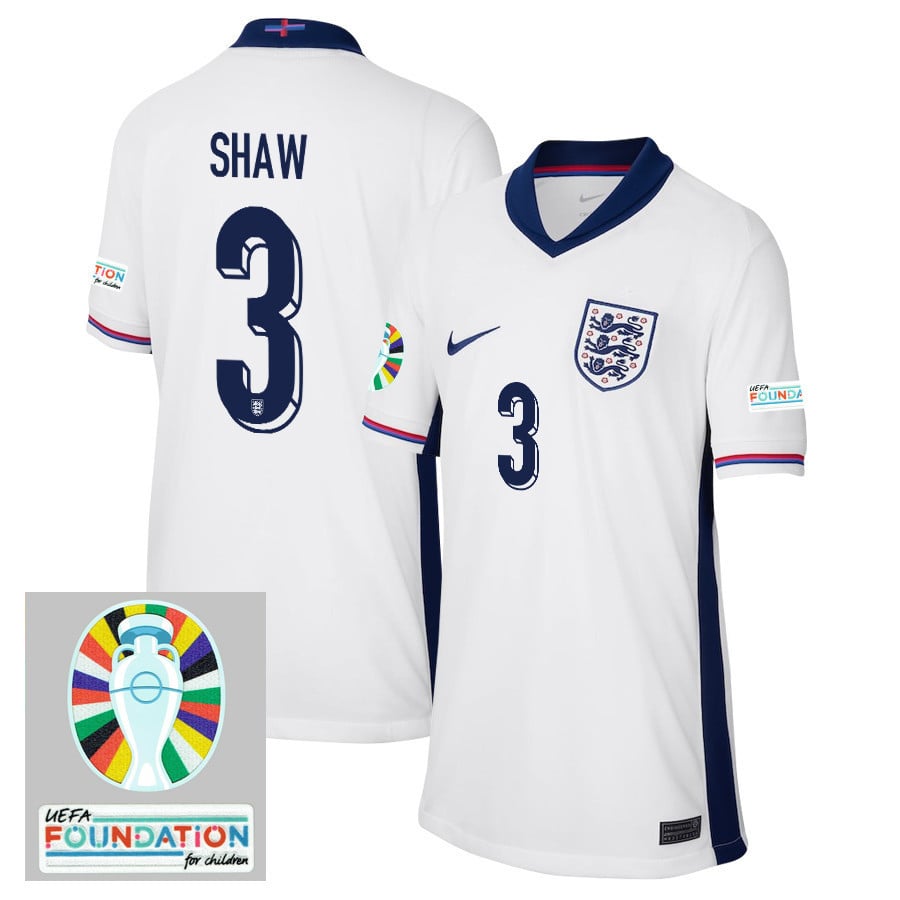 Luke Shaw 3 England National Team 2024/25 YOUTH Home Jersey - Euro UEFA Patch - White