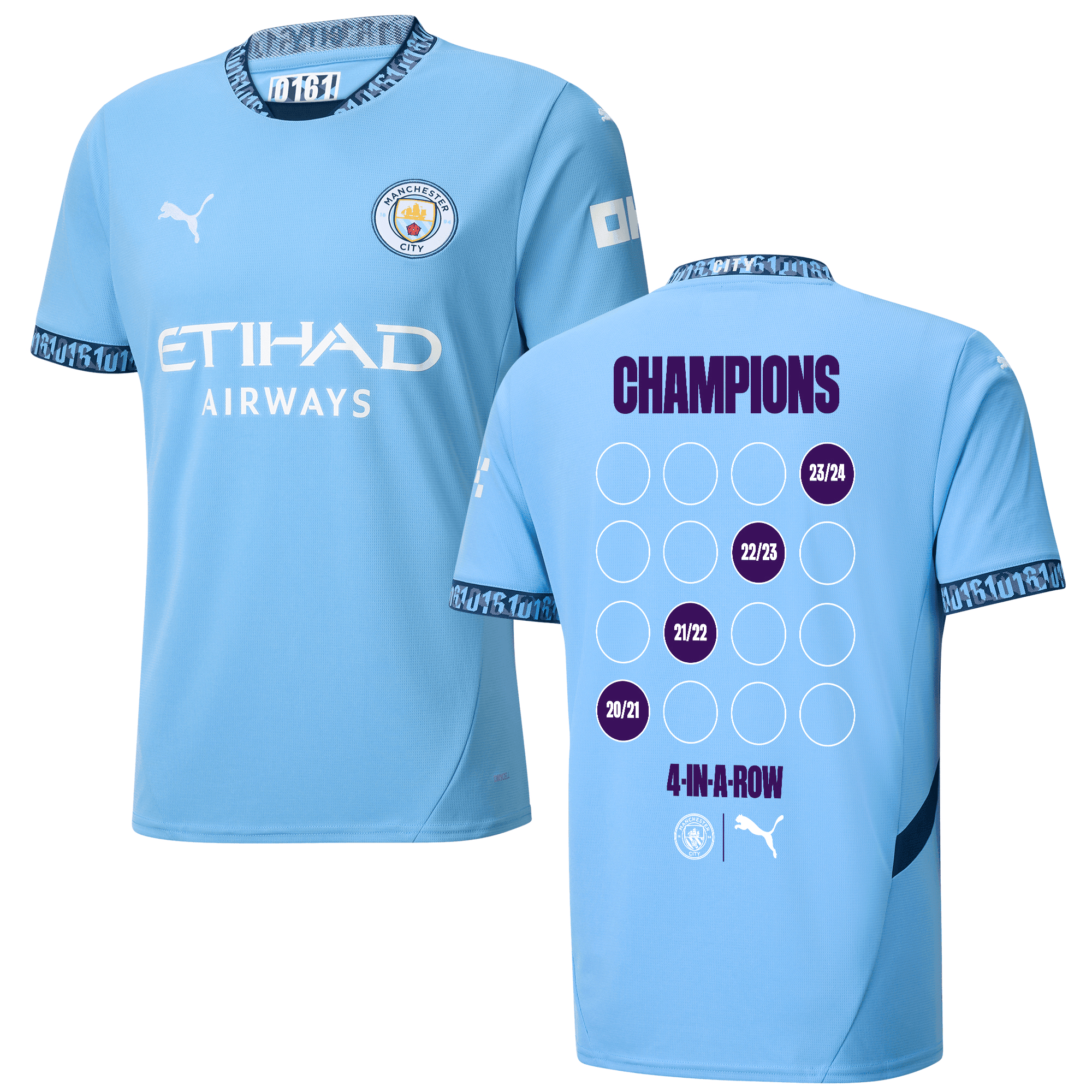 Manchester City 2024/25 '4 In A Row' Premier League Champions Home Men Jersey - Light Blue