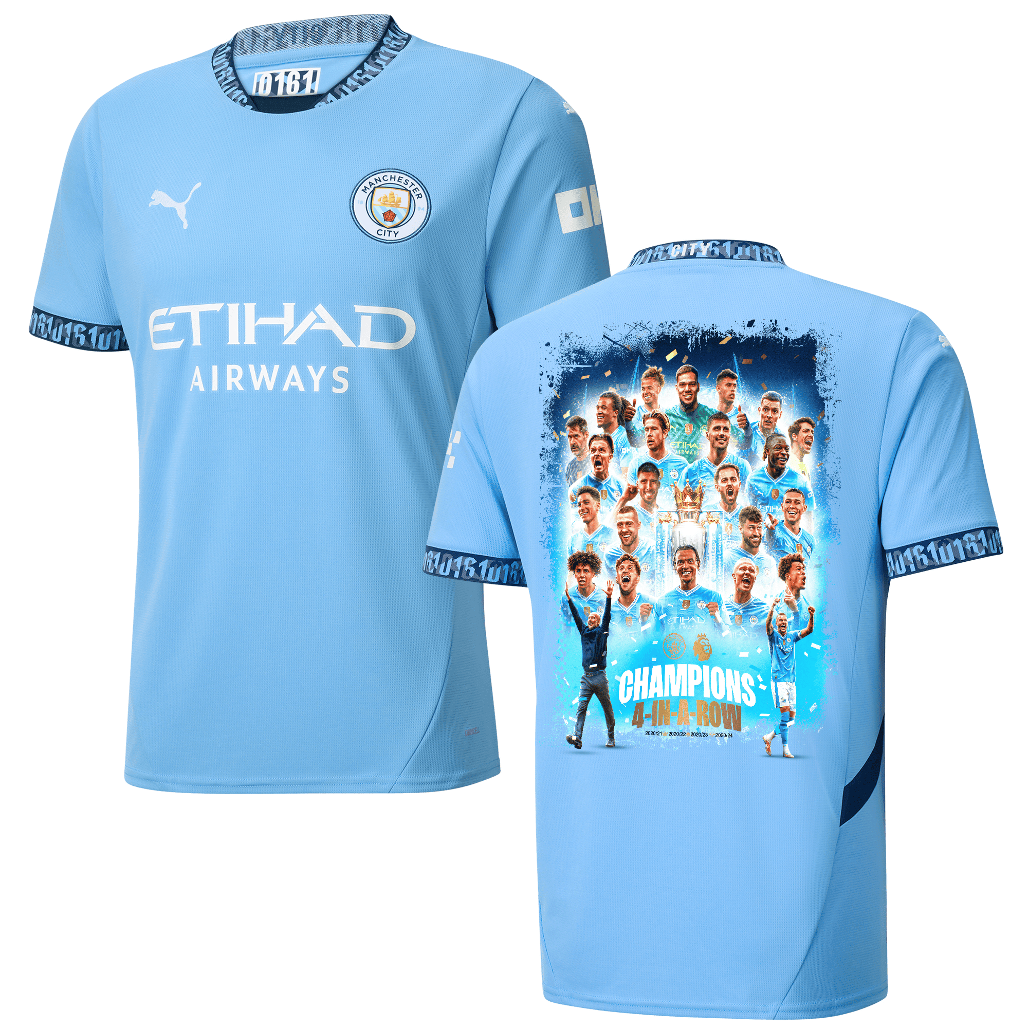 Manchester City 2024/25 EPL Champions 4 In A Row Team Art Home Men Jersey - Light Blue