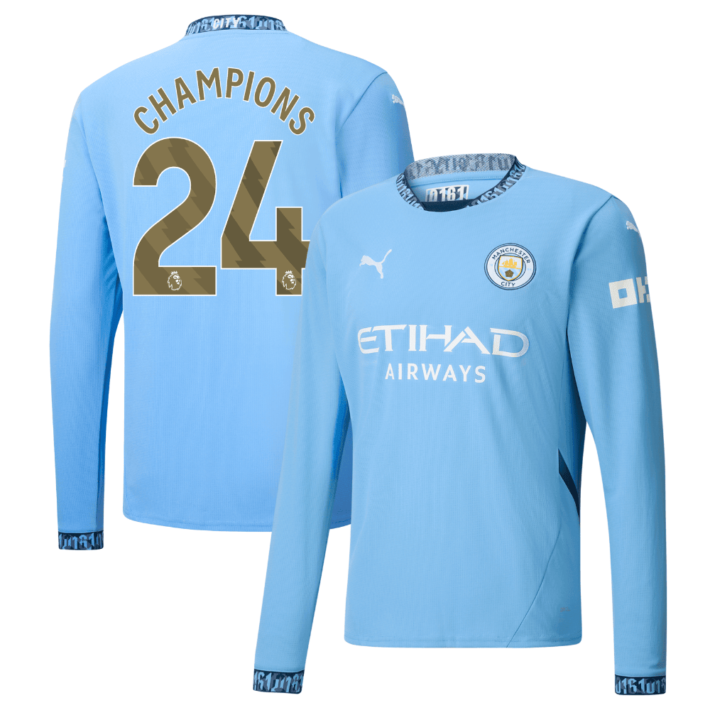 Manchester City 2024/25 With CHAMPIONS 24 Home Long Sleeve Men Jersey - Light Blue