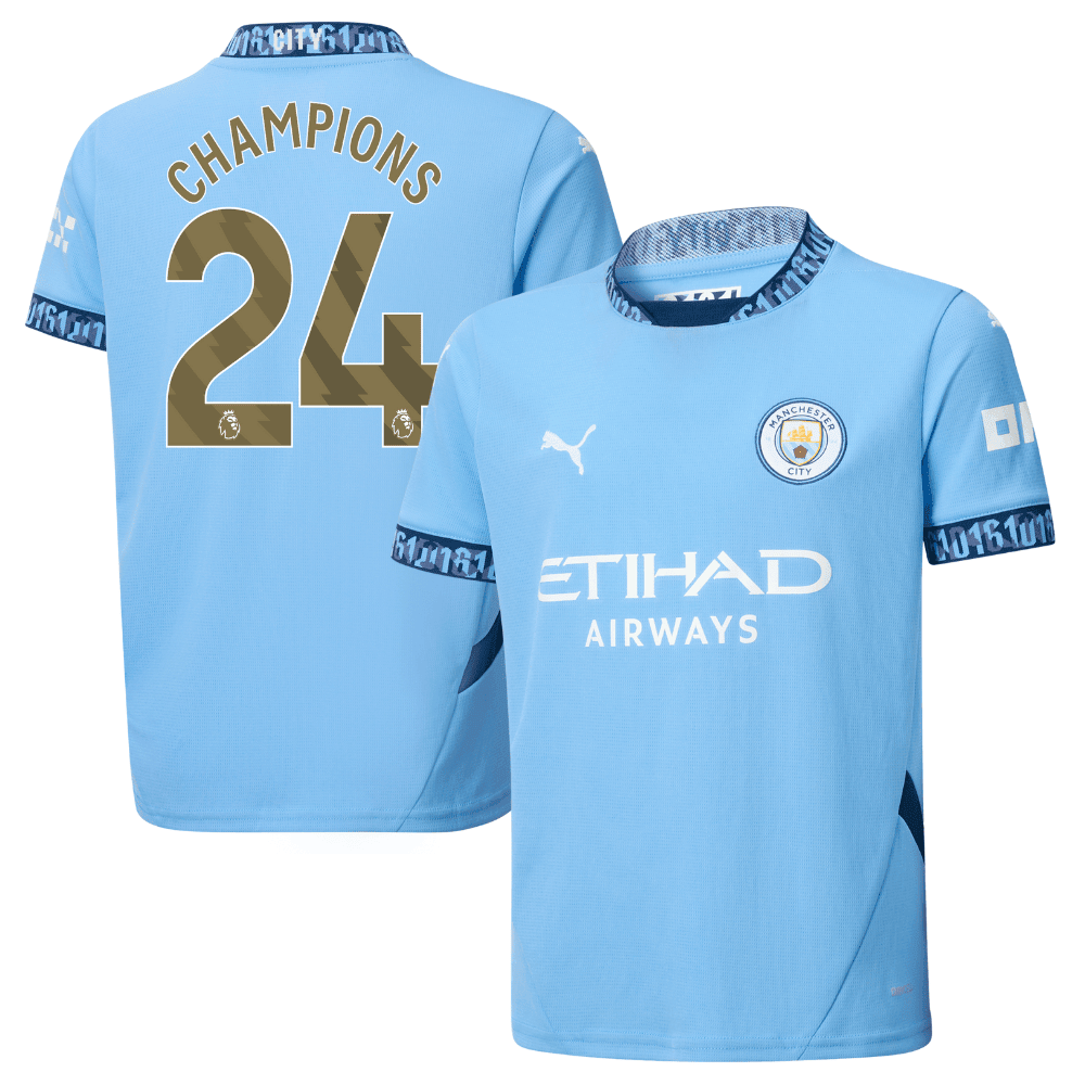Manchester City 2024/25 With CHAMPIONS 24 Home YOUTH Jersey - Light Blue