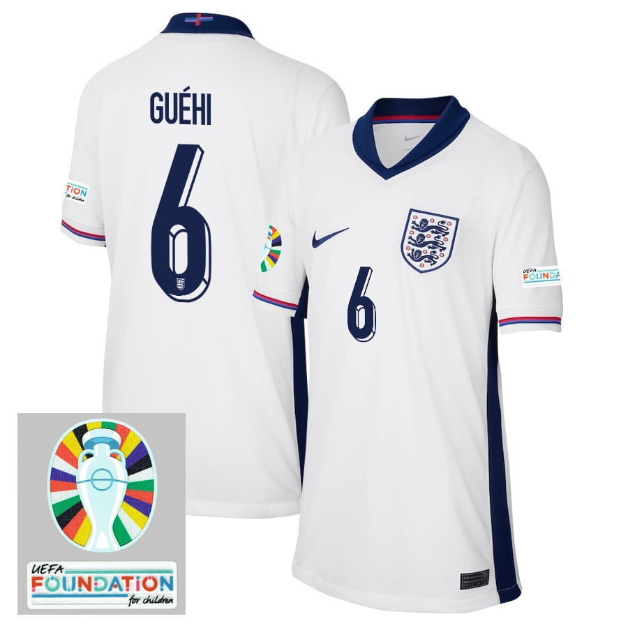 Marc Guéhi 6 England National Team 2024/25 YOUTH Home Jersey - Euro UEFA Patch - White