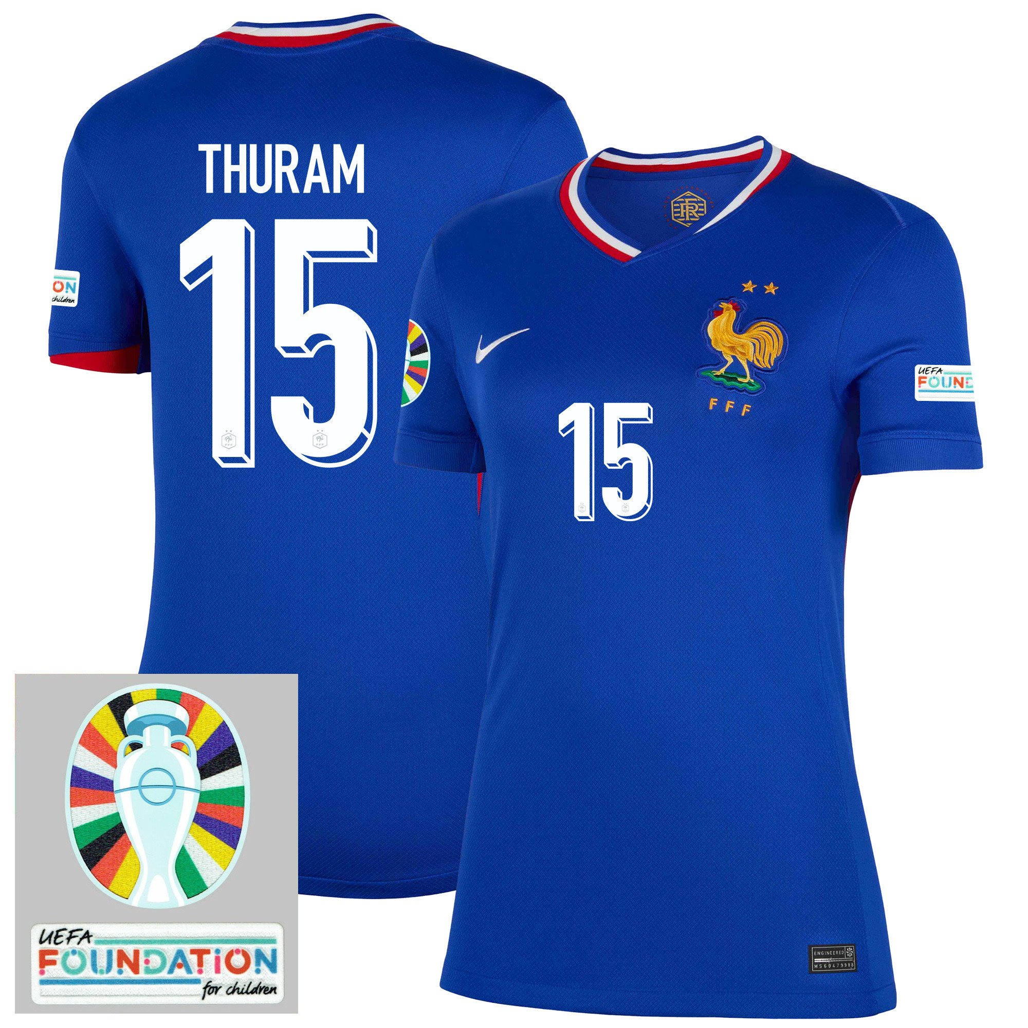 Marcus Thuram 15 France National Team 2024/25 Women's Home Jersey - Euro UEFA Patch - Blue