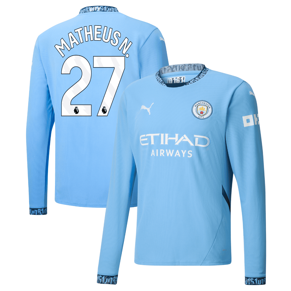 Matheus Nunes 27 Manchester City 2024/25 Home Long Sleeve Men Jersey - Light Blue