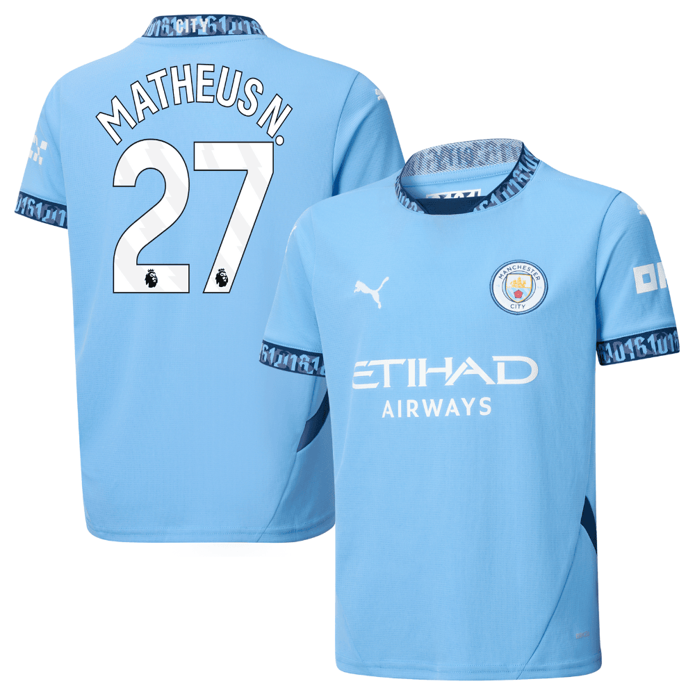 Matheus Nunes 27 Manchester City 2024/25 Home YOUTH Jersey - Light Blue