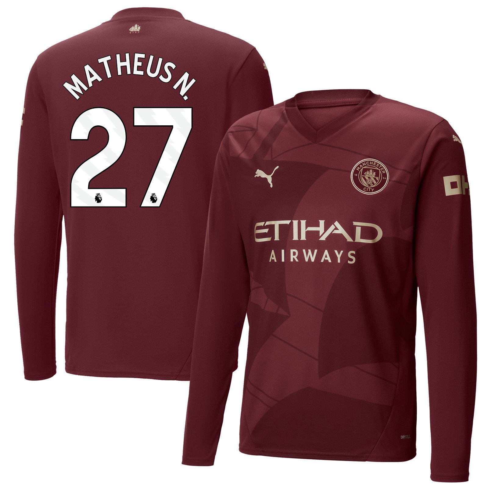 Matheus Nunes 27 Manchester City 2024/25 Third Long Sleeve Men Jersey - Burgundy