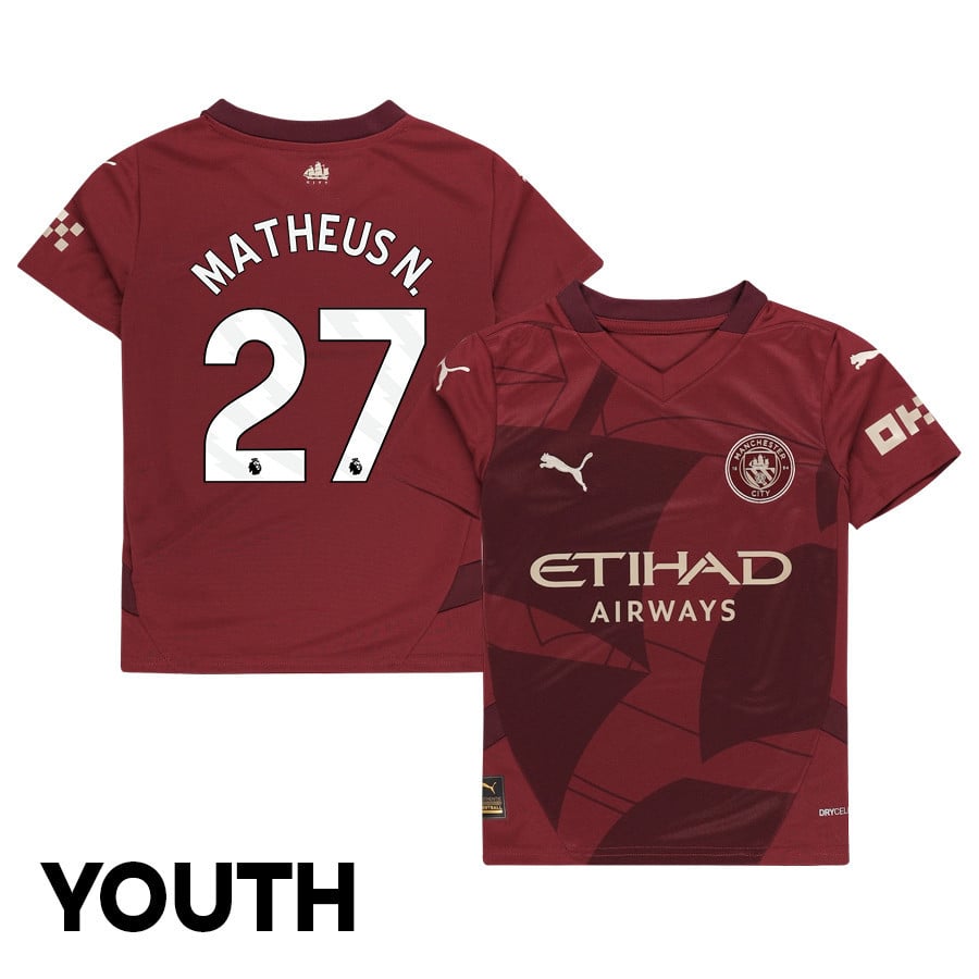 Matheus Nunes 27 Manchester City 2024/25 Third YOUTH Jersey - Burgundy