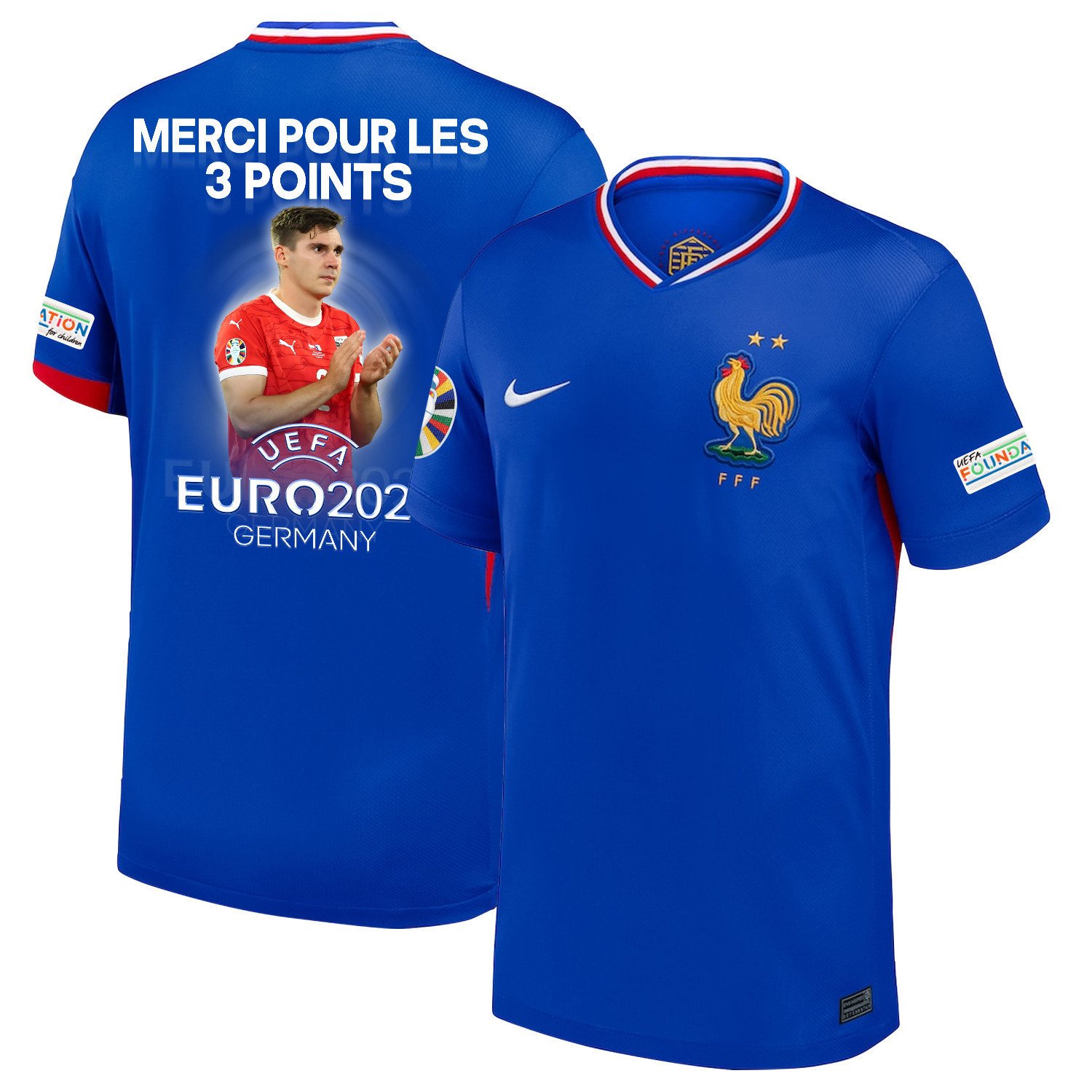 Maximillian Wober 2 Star Player Of France National Team 2024/25 Home Jersey - Euro UEFA Patch - Men, Blue