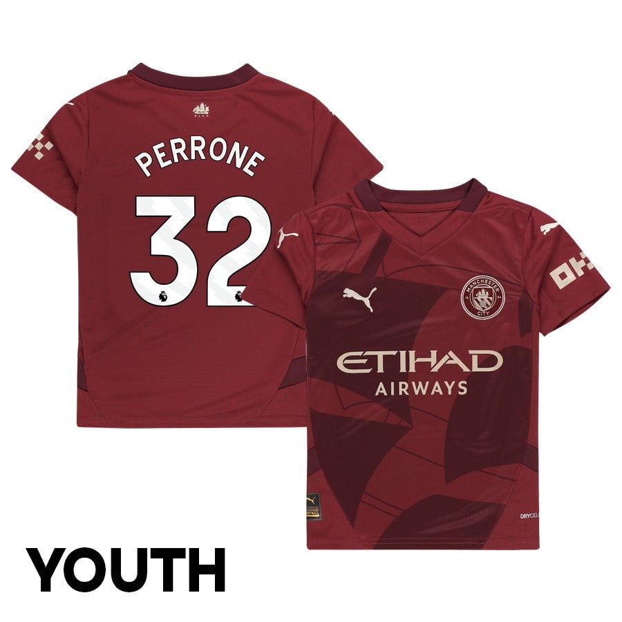 Máximo Perrone 32 Manchester City 2024/25 Third YOUTH Jersey - Burgundy