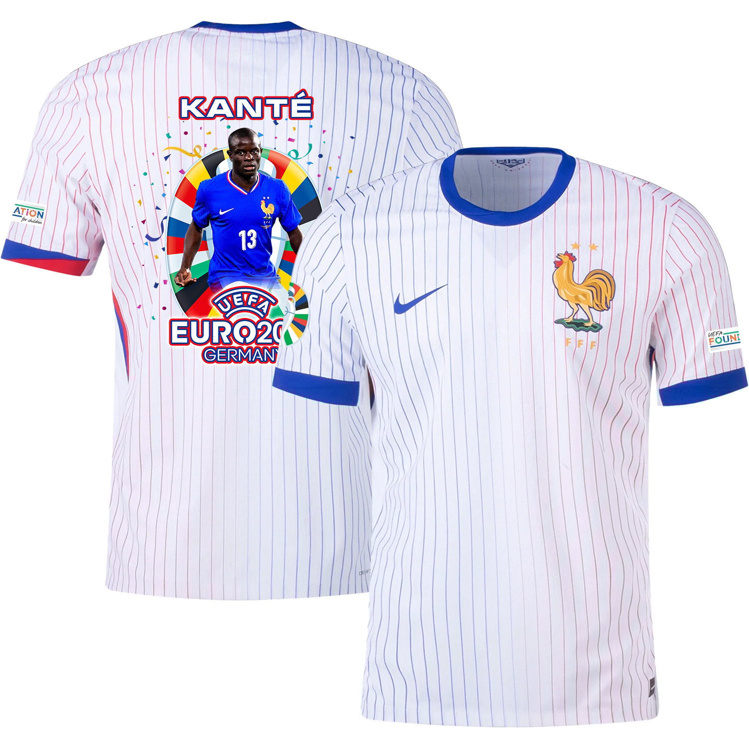 N’Golo Kanté 13 Football Icon Of France National Team 2024/25 Away Jersey - Euro UEFA Patch - Men, White