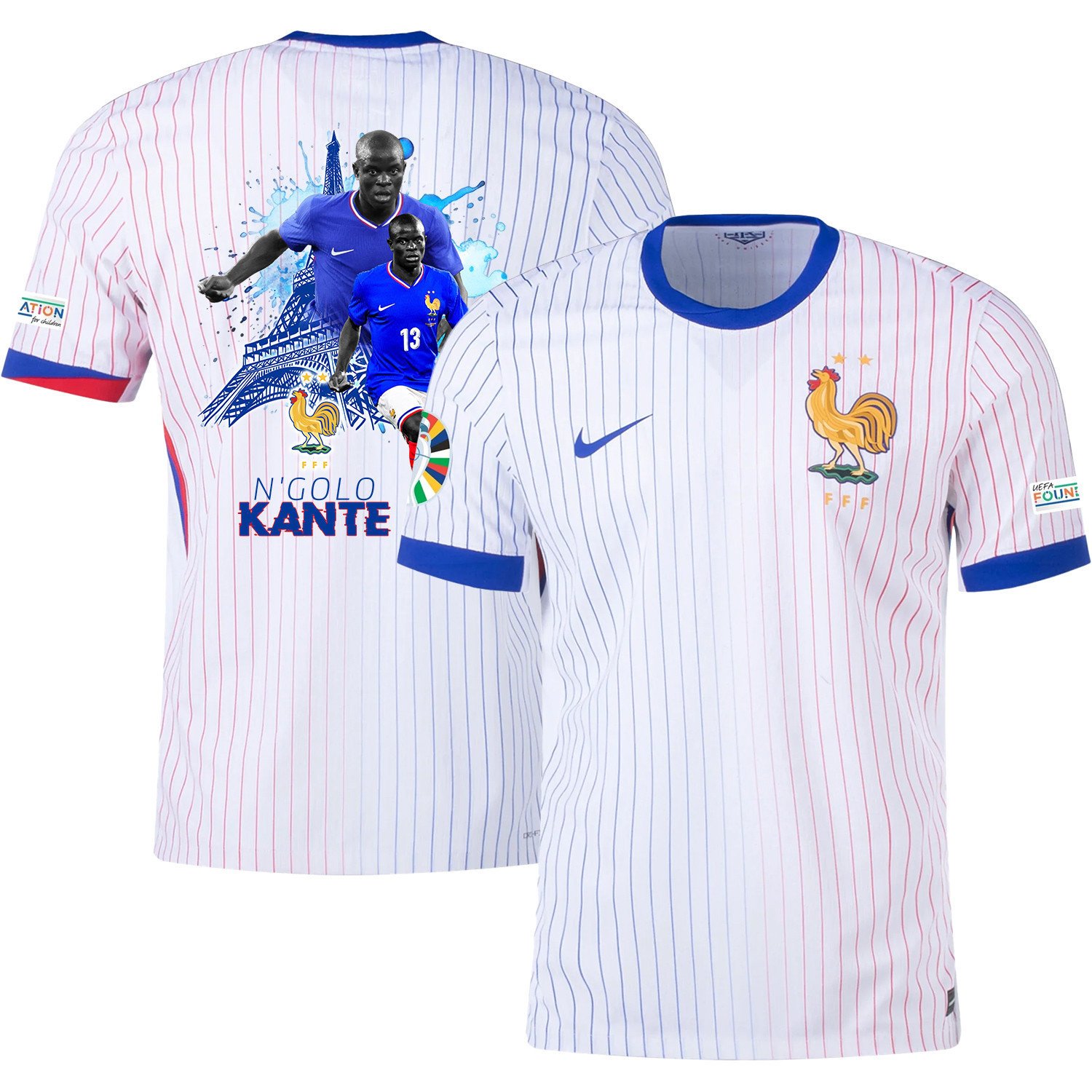 N'Golo Kanté 13 The Skilled Midfielder France National Team 2024/25 Away Jersey - Euro UEFA Patch - Men, White